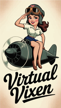 Retro pin up pilot girl riding vintage airplane propeller nose cone, cartoon aviation artwork with Virtual Vixen lettering on beige background