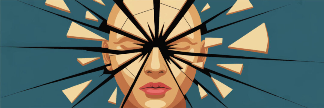 Surreal shattered head illustration, exploding mind, mental health stress concept, emotional breakdown art on blue background