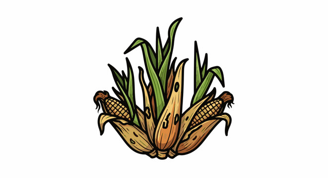A rustic illustration of ripe corn ears with green stalks