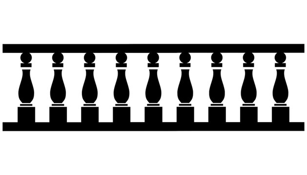 Minimalist vector silhouette of a classical stone balustrade with ornate balusters. This high-contrast black design represents architectural elegance and traditional railing systems.