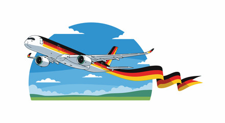 Fototapeta premium A modern airplane with a German flag ribbon flies over a green landscape