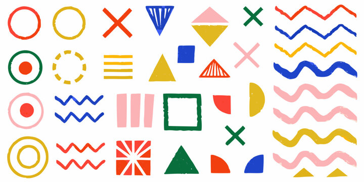 Colorful abstract shapes and lines arranged in a playful hand drawn style