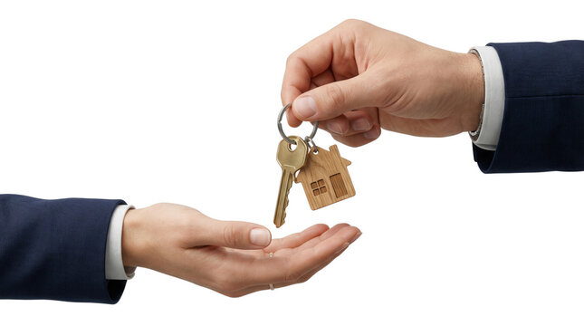 Real estate agent's hand giving house keys to a new homeowner. Isolated on transparent background, png