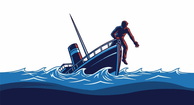 A person clings to a sinking ship amidst rough seas