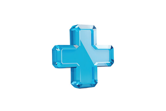 Blue crystal plus sign symbol representing medical services, health, mathematics, and adding value with 3d glossy effect