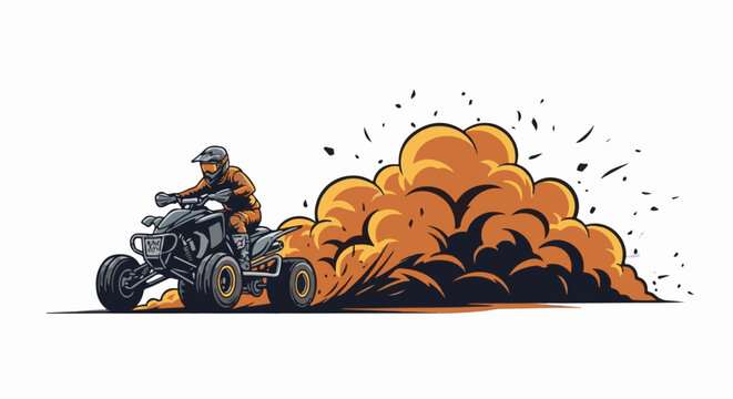 A person rides a quad bike kicking up a large plume of orange dust and debris