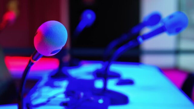 Microphones stand on table in conference hall with blue and red neon lighting during press briefing.
