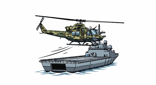 Camouflaged helicopter hovers above a modern military vessel