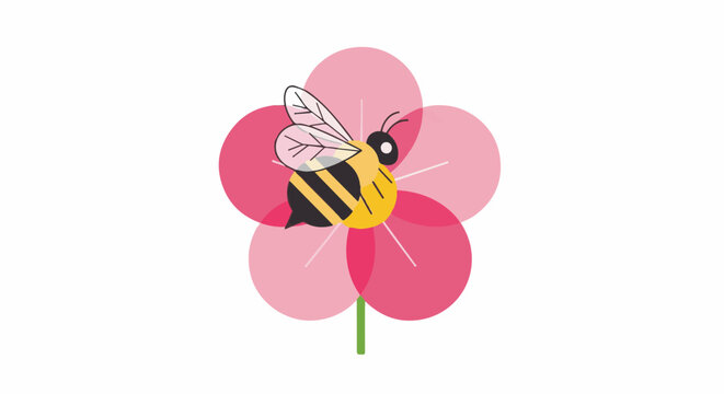 Cartoon bee with striped body on a pink flower