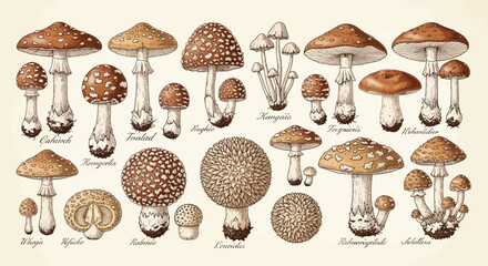 Vintage Botanical Illustration of Various Mushroom Species © Zamilah