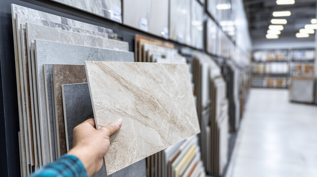 Hand selecting tile samples in store, interior design and home renovation concept with variety of textures and materials.