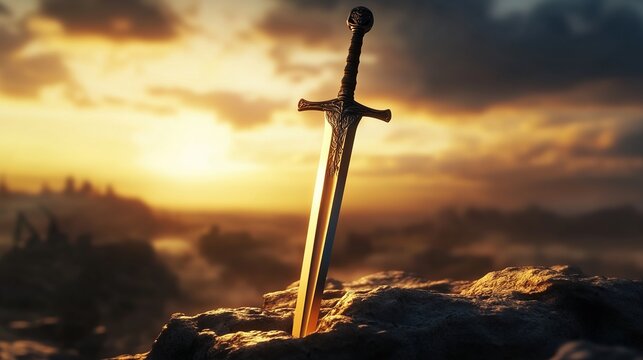 longsword. Medieval longsword in rocky crevice at sunset, blade reflecting warm light. inspiring travel planning, lifestyle magazines, designed for influencer and brand collaborations.