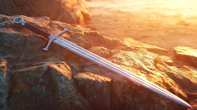 longsword. Medieval longsword in rocky crevice at sunset, blade reflecting warm light. inspiring travel planning, lifestyle magazines, designed for influencer and brand collaborations.