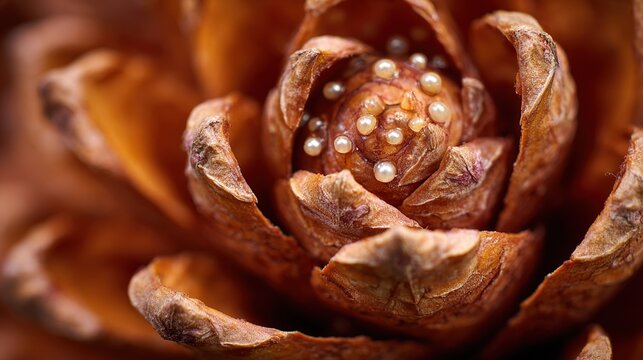 ovules. A pine cone with parted scales revealing tiny pearl-like ovules inside, botanical focus. gardening catalogs, home-decor guides, designed for home decor and floral branding.
