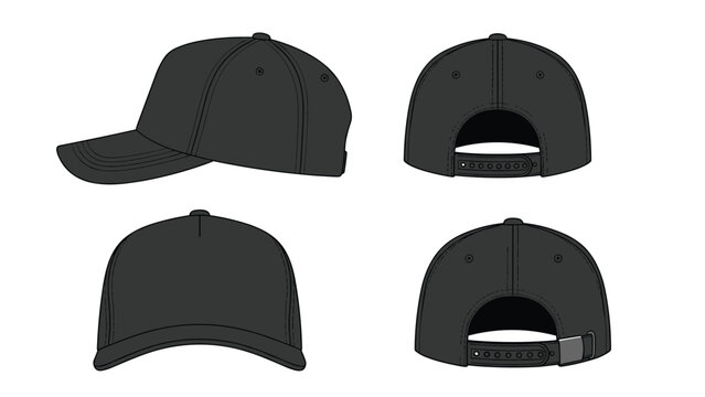 Baseball cap technical fashion drawing set showing front back side and top views for apparel design and manufacturing.