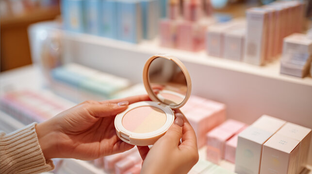 Hands holding compact powder in cosmetics store, beauty product selection and makeup shopping concept with soft lighting.