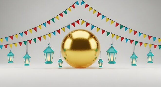 A festive celebration scene featuring a central golden emblem adorned with hanging lanterns and flags