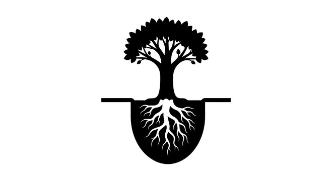 A black silhouette of a tree with visible roots growing underground.