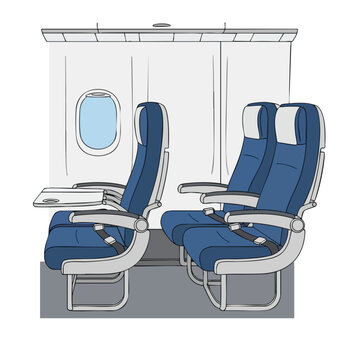 Airplane interior with blue seats, window, and folded tray tables