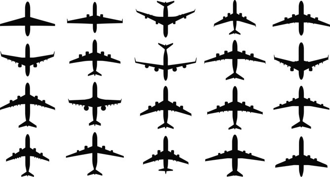Collection of various airplane silhouettes from different angles and perspectives
