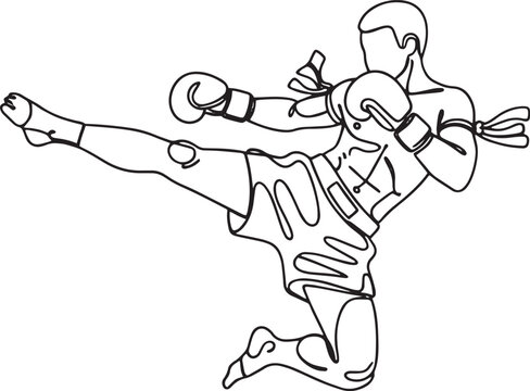 Dynamic Muay Thai fighter performing a high kick in a minimalist black and white line art hand-drawn vector illustration