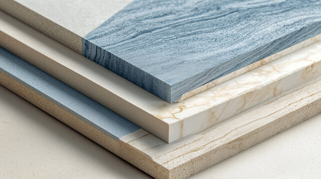 Stacked flooring samples with various textures and finishes, showcasing modern construction materials and interior design options in a clean studio setting.