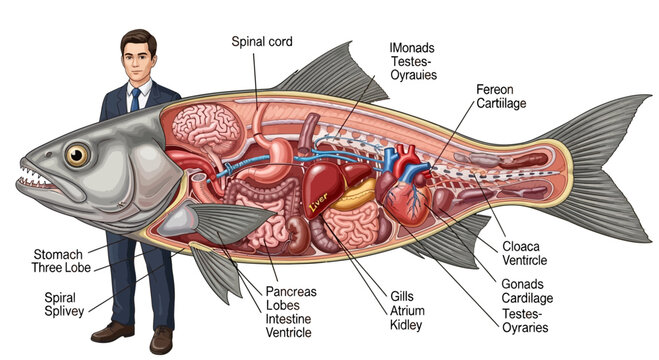 Anatomical Diagram of Fish Internal Organs with Human Scale Comparison