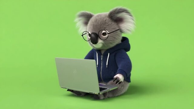 Smart Koala in Hoodie on Laptop, Green Screen Background Stock Video