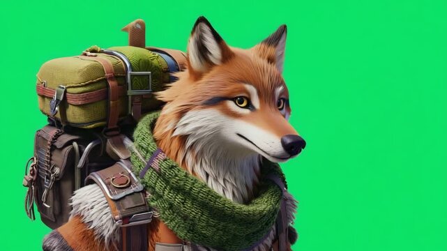 3d Fox Explorer with Backpack Stock Video on Green Screen Background