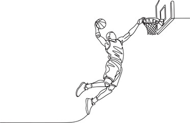 Continuous line drawing of a basketball player jumping for a slam dunk at the hoop hand drawn vector illustration © Kanon Islam