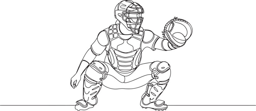 Professional baseball catcher in protective gear squatting with glove in a continuous line style hand-drawn vector illustration