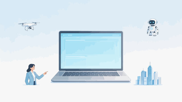 Woman with laptop drone and robot