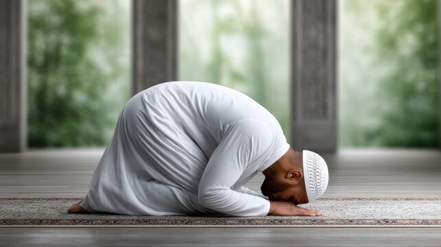 Muslim praying in mosque during sujood position, spiritual concept for faith, devotion, worship and religious practice