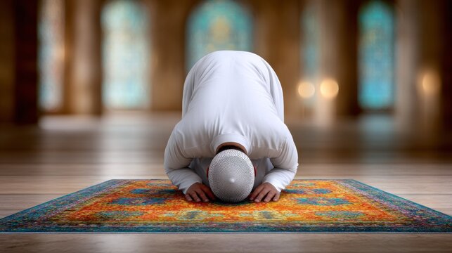 Muslim praying in mosque during sujood position on prayer mat, spiritual concept for faith, worship, devotion and religious practice
