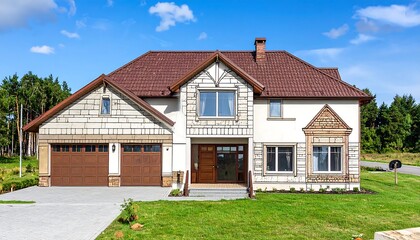 Fototapeta premium Beautiful Modern Luxury House with Double Garage and Green Lawn.