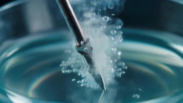 High-Resolution 4K Macro of Iron Nail Reacting in Transparent Chemical Solution