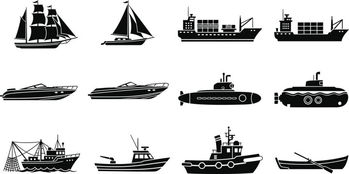 Collection of various types of boats and ships silhouettes