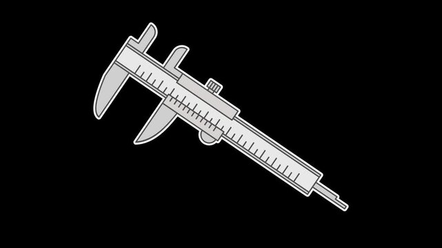 Seamless looping 4K video overlay of silver vernier caliper moving up and down; transparent alpha channel background; professional tool for engineering and technical video elements