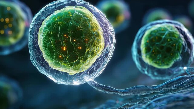 Bright green embryonic stem cell colony growing in a lab environment with advanced imaging techniques