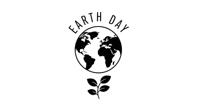 A simple black and white earth day logo featuring a globe and a sprouting plant.