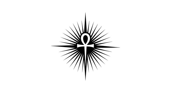 Ancient egyptian symbol surrounded by radiating lines and shapes in black on white