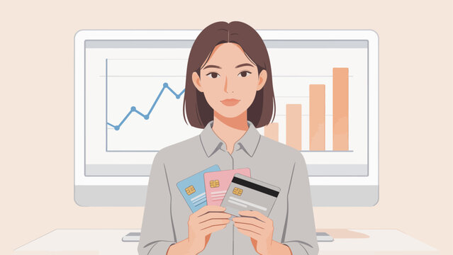 Woman holding credit cards with financial charts