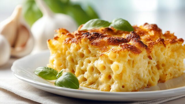 Close-up of a baked macaroni and cheese slice with golden crispy top, creamy texture, and rich cheesy layers, perfect comfort food presentation.