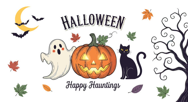 Halloween Illustration with Ghost Cat Pumpkin.