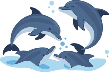 Obraz premium Dolphins Jumping in Water Splash Scene Playful Marine Animals Ocean Wildlife Flat Vector Illustration Isolated on White Background
