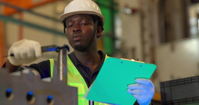 Factory technician uses a vernier caliper to measure a metal component during dimensional inspection in a manufacturing facility, showing quality control, tolerance checks, and process verification.
