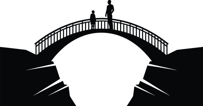 silhouette, man, child, bridge, chasm, black and white, people, outdoors, landscape, bridge structure, railing, standing, looking, white background, mo Silhouette of man and child on bridge over chasm