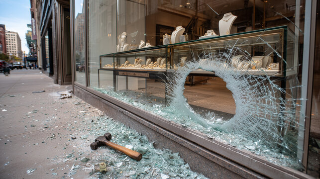Storefront jewelry shop with shattered display window after robbery, broken glass scattered, depicting crime scene, damage, and urban retail security risk.