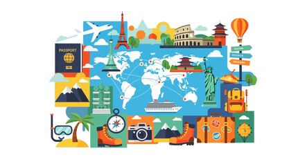 Obraz premium Travel and Tourism Concept with World Map and Iconic Landmarks