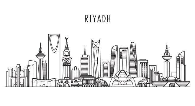 Riyadh Cityscape Line Art Illustration in Black and White